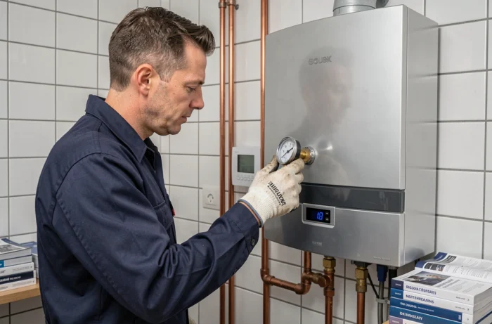 Technicien inspectant une chaudière à gaz moderne dans une buanderie bruxelloise