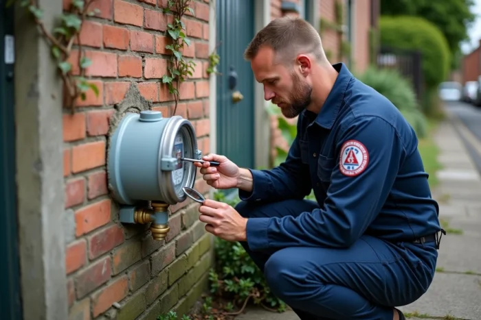 Technicien inspectant un compteur de gaz extérieur pour détecter une fuite responsable d'une odeur d'essence