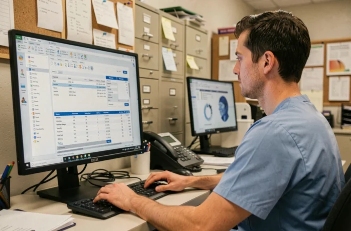 Technicien vétérinaire consultant un logiciel de gestion sur ordinateur dans un bureau de clinique vétérinaire