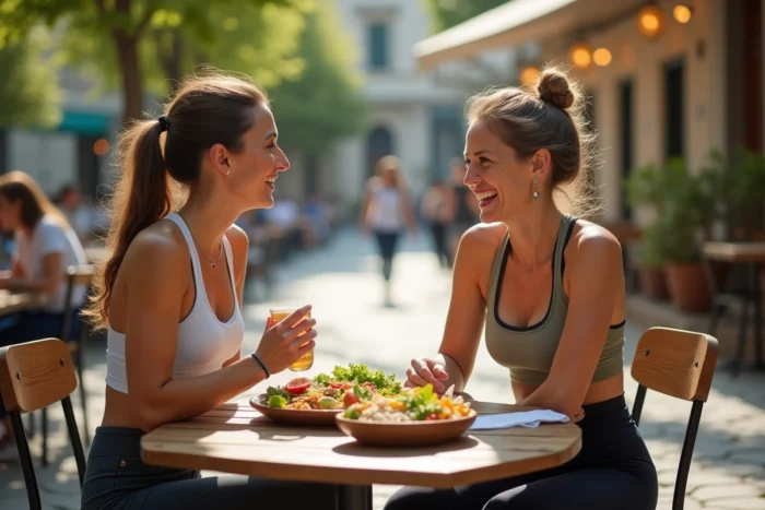 Deux femmes partageant un repas sain en terrasse et témoignant de leurs résultats positifs avec Naturhouse