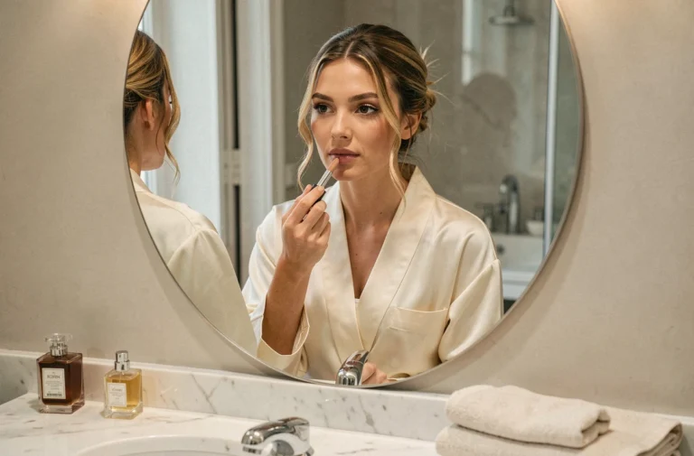 Femme appliquant un rouge à lèvres nude devant un miroir dans une salle de bain marbre élégante, routine beauté quotidienne