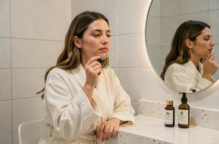 Femme appliquant un sérum de soin visage devant une coiffeuse minimaliste, tendances beauté skincare 2024