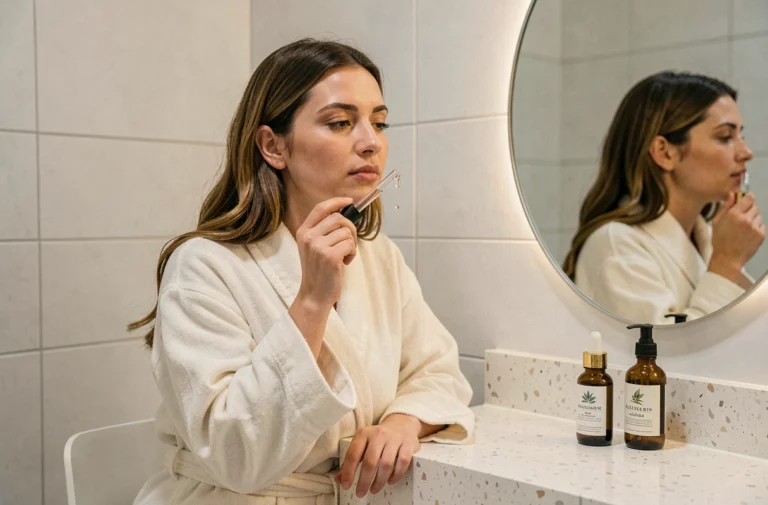 Femme appliquant un sérum de soin visage devant une coiffeuse minimaliste, tendances beauté skincare 2024