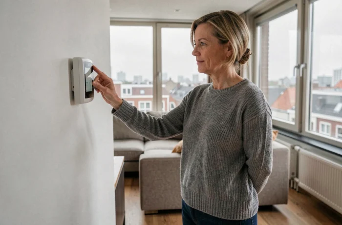 Femme réglant un thermostat intelligent dans un appartement moderne à Bruxelles