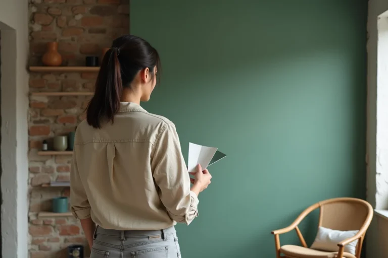 Femme tenant des échantillons de peinture devant un mur en béton texturé vert sauge dans un salon moderne en cours de transformation