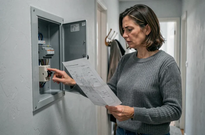 Femme consultant le tableau électrique de sa maison lors d'une panne de courant domestique