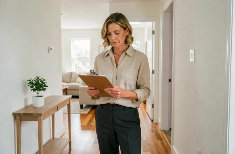 Femme préparant sa maison à la vente après un divorce, tenant un clipboard dans un couloir bien décoré