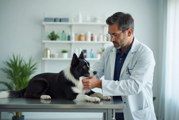 Vétérinaire examinant un border collie dans une clinique vétérinaire moderne