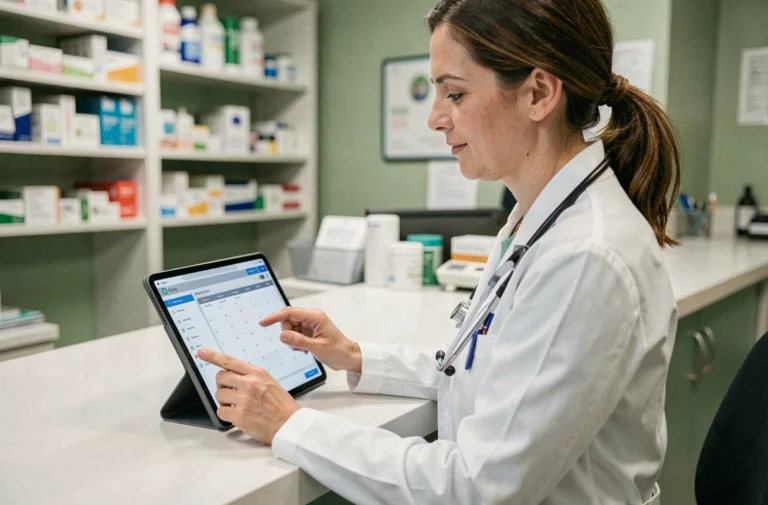 Vétérinaire utilisant un logiciel de gestion vétérinaire sur tablette dans une clinique moderne
