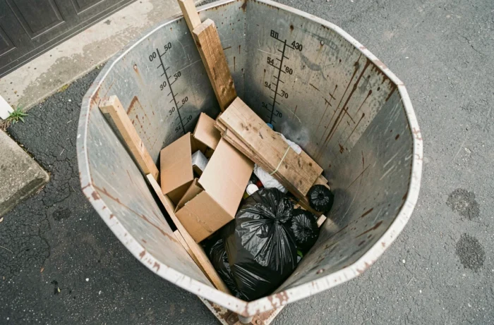 Vue plongeante dans un conteneur 3m3 partiellement rempli de déchets ménagers montrant les dimensions intérieures